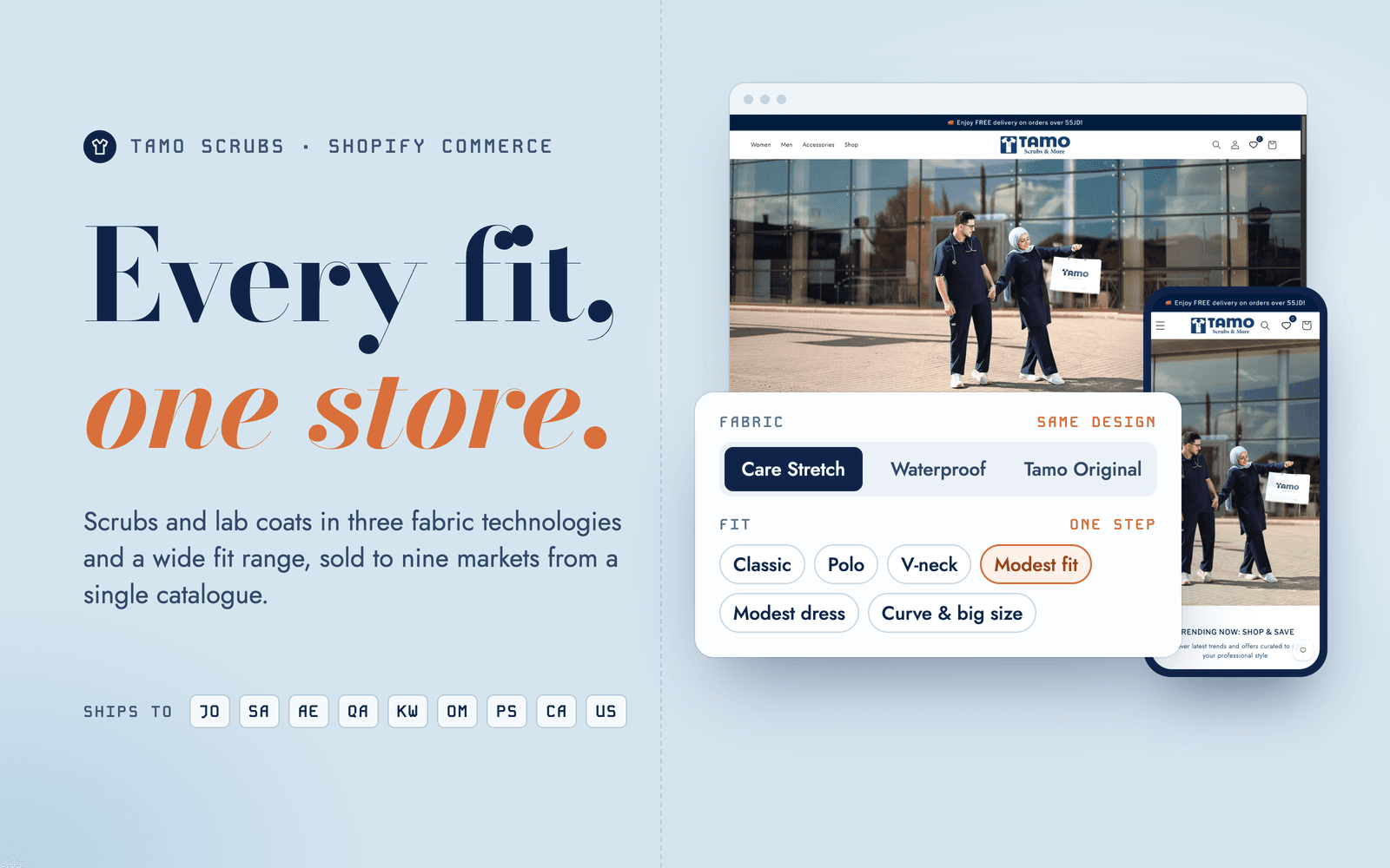 Tamo Scrubs — Multi-market Shopify commerce for a medical scrubs brand